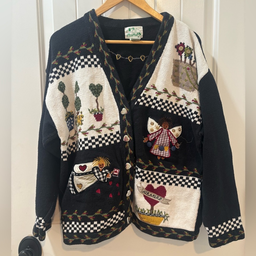The Quacker Factory Vintage Embroidered Cardigan Sweater Size Large